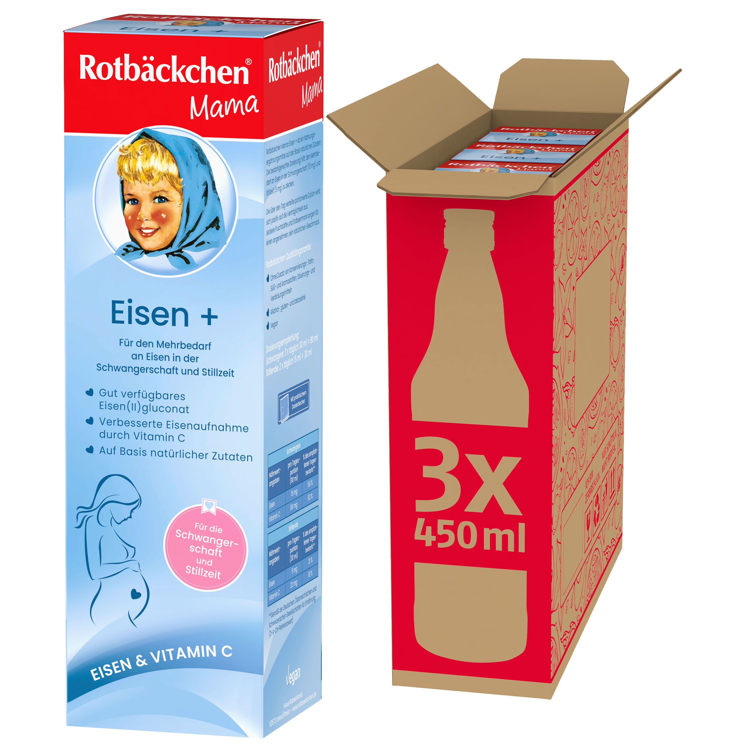 Rote Verpackung mit Produktname und Logo. Enthält Flaschen mit 450ml. Aufschrift: Eisen+ für Schwangerschaft und Stillzeit.