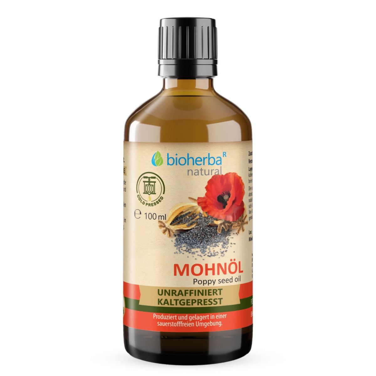 Bioherba Mohnöl Flasche mit Etikett, kaltgepresst, 100ml.