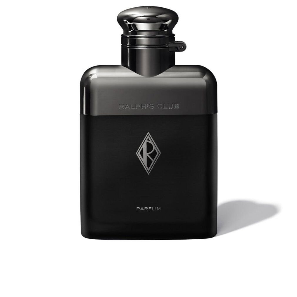 Schwarzer Flakon mit silbernem Verschluss. Aufschrift RALPH'S CLUB, PARFUM und Logo. Quadratische Form.