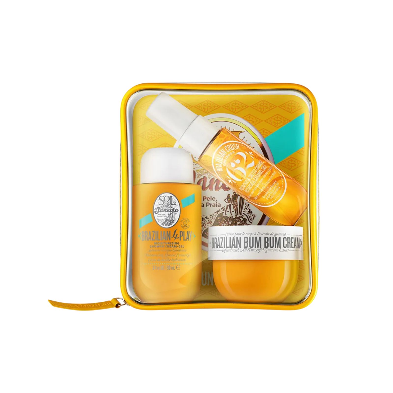 Gelbe Kosmetiktasche mit drei Produkten: Spray, Creme und Flasche. Aufschrift: Brazilian Bum Bum Cream und Brazilian 4 Play.