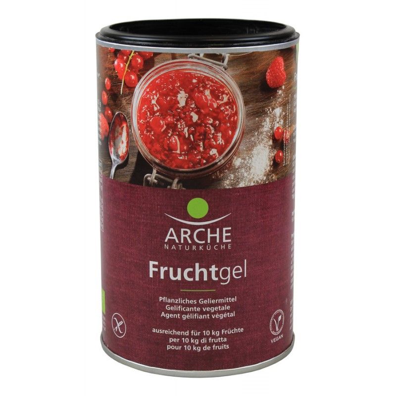 Zylindrische Dose mit Aufschrift "Fruchtgel". Enthält pflanzliches Geliermittel. Vegan-Siegel. Abbildung von Früchten.