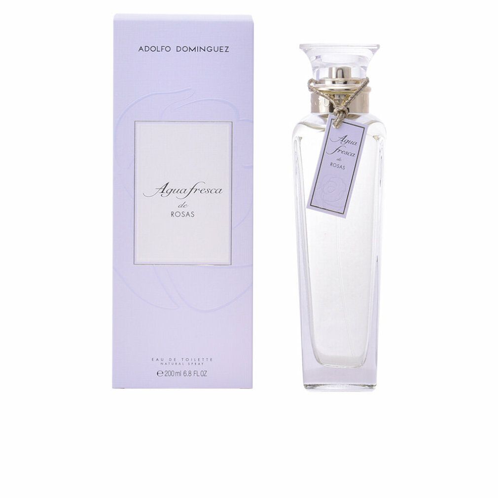 Adolfo Dominguez Agua Fresca de Rosas Eau de Toilette Spray. Flakon und Verpackung in hellem Lila. Etikett mit Produktnamen.