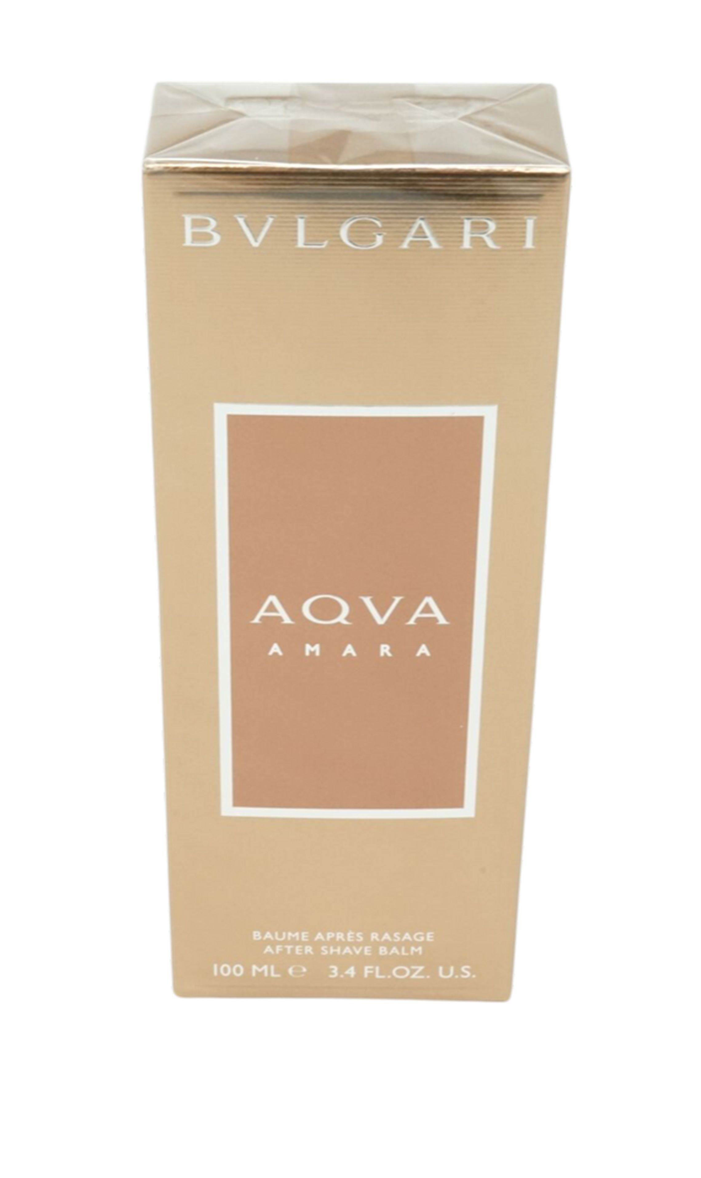 Beige Kartonverpackung. Oben steht "BVLGARI". Mittig "AQVA AMARA". Unten "BAUME APRES RASAGE AFTER SHAVE BALM".