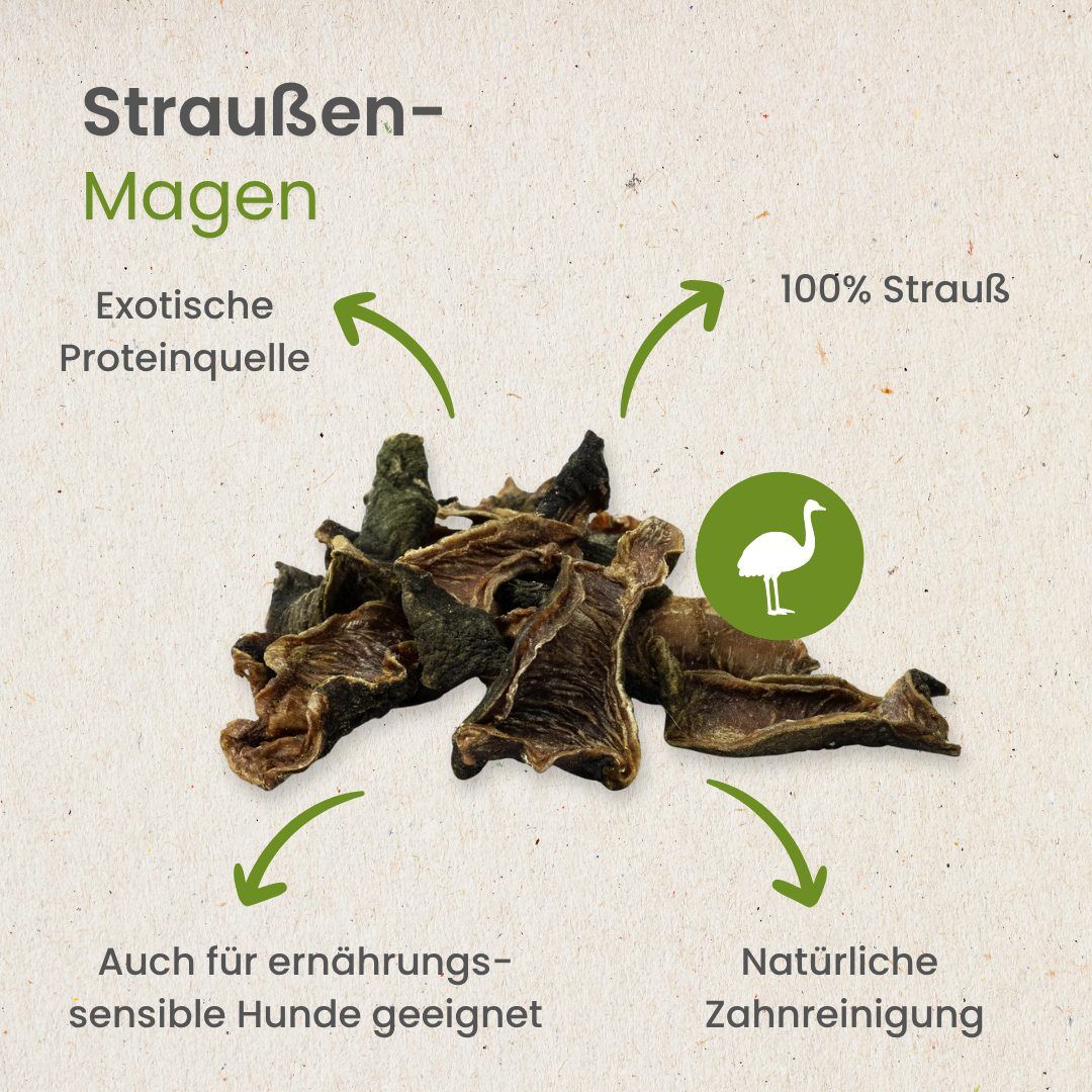 Getrocknete Straußenmägen als Hundeleckerli, 100% Strauß, exotische Proteinquelle.