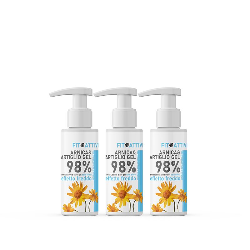 Drei Flaschen Gel mit Pumpverschluss. Aufschrift: Arnica & Artiglio Gel, 98%, effetto freddo. Gel mit Sonnenblumen-Dekor.