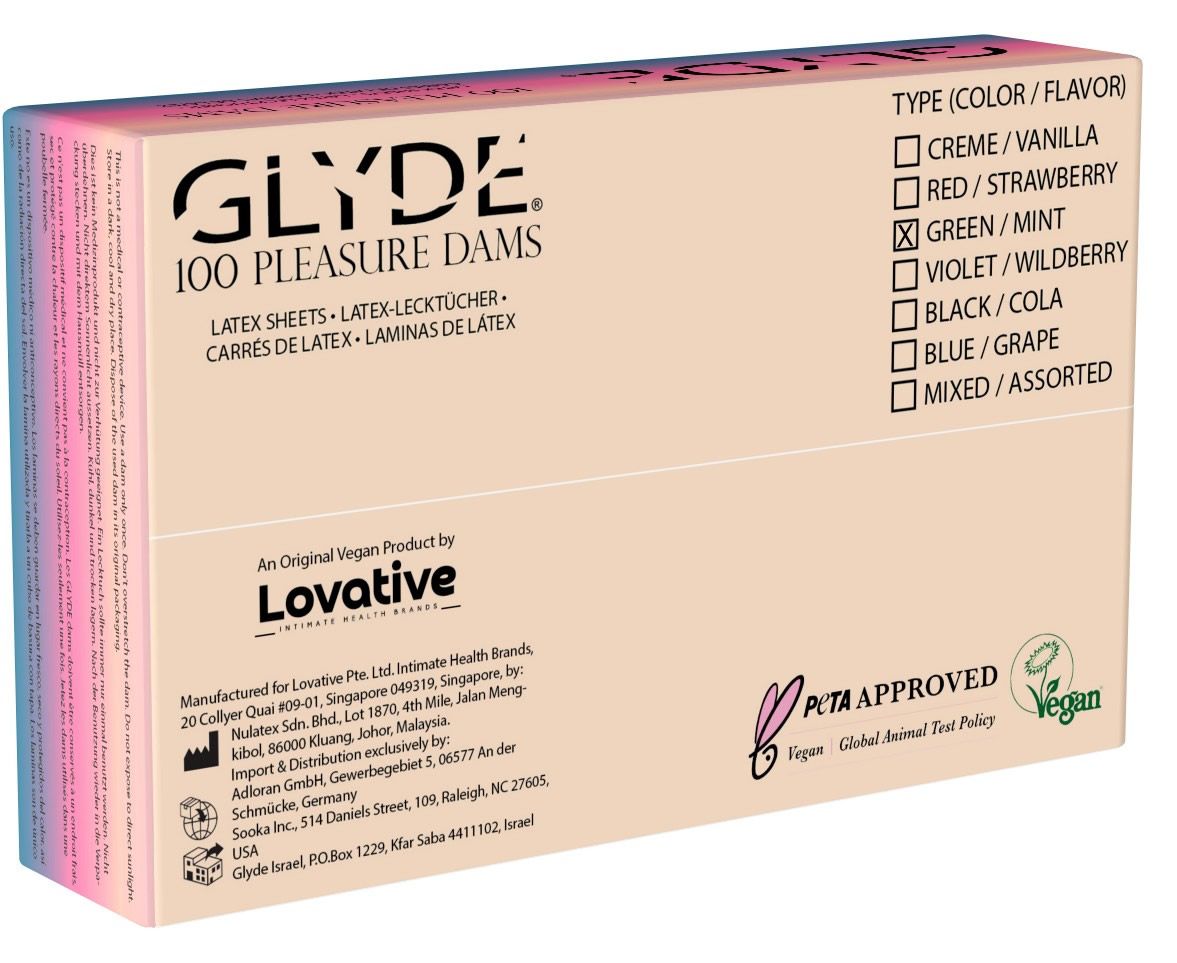 Schachtel mit Glyde Dams. Aufdruck: 100 Pleasure Dams, Latex Sheets. Auswahl: Green/Mint. Vegan und PETA-zertifiziert.