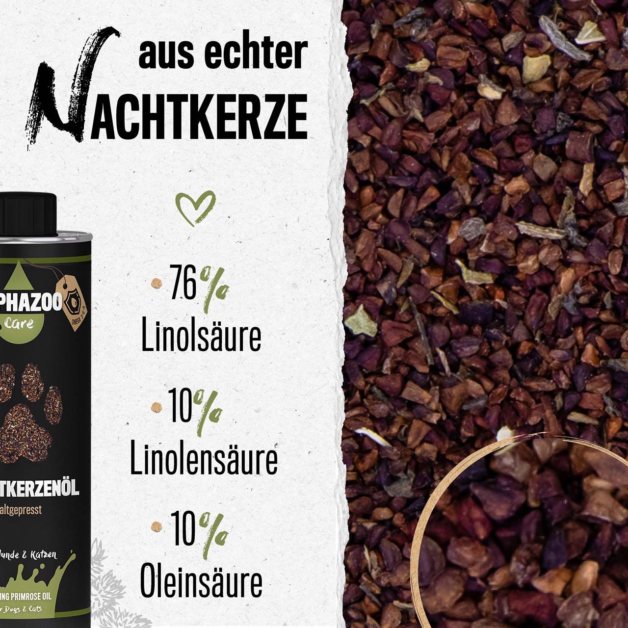 Nahaufnahme von Samen. Text: aus echter Nachtkerze, 76% Linolsäure, 10% Linolensäure, 10% Ölsäure. Produktflasche im Hintergrund.