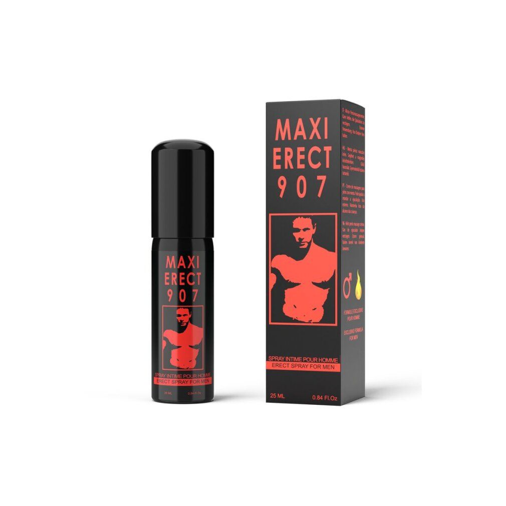 Schwarze Flasche und Schachtel mit roter Schrift und Abbildung. Aufschrift: MAXI ERECT 907. Intimspray für Männer. 25 ml.