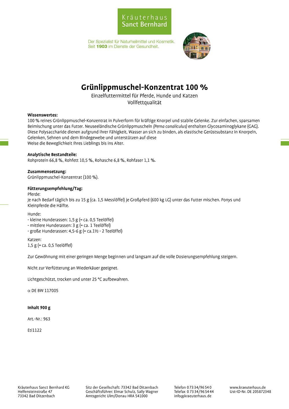 Sanct Bernhard tierlieb Grünlippmuschel-Konzentrat