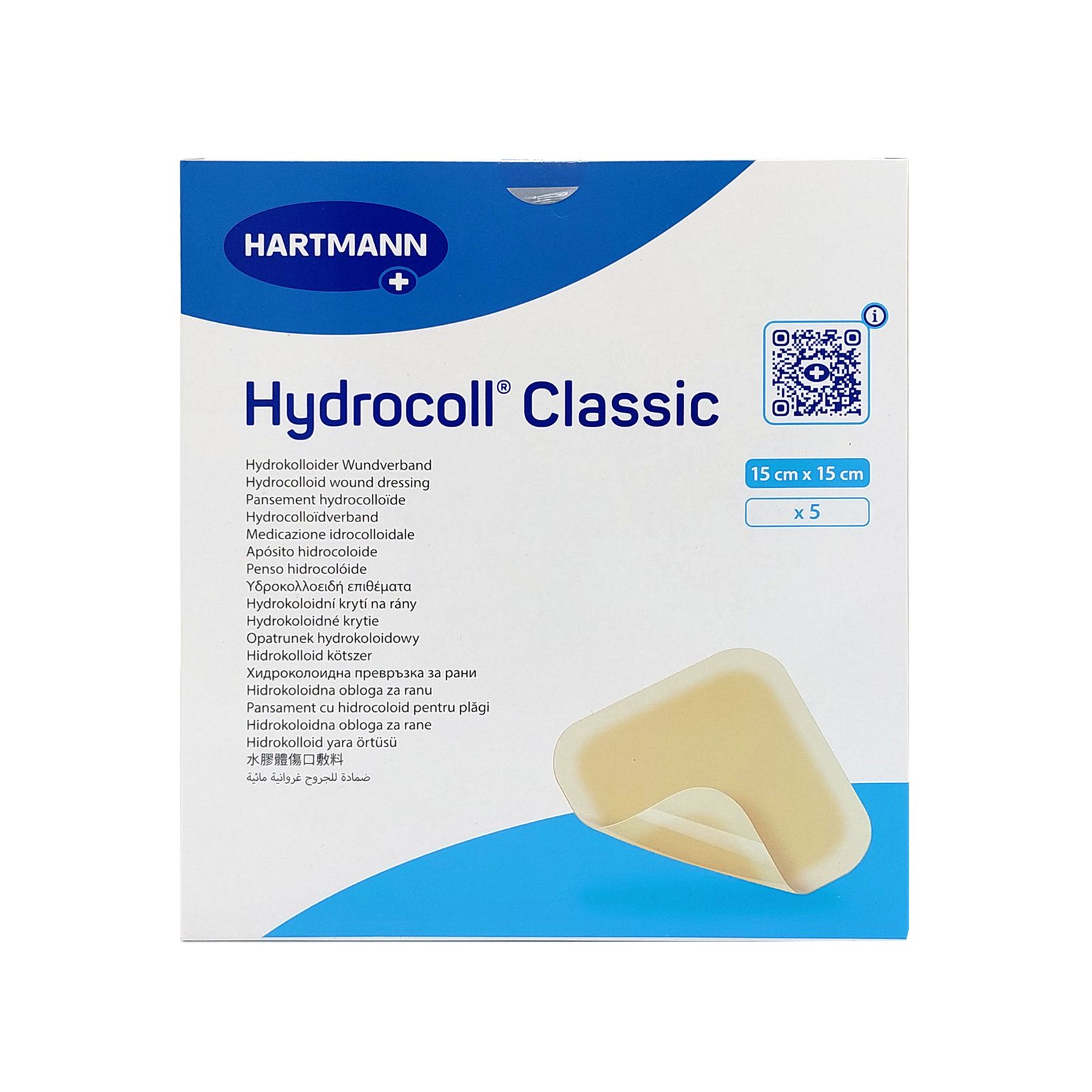 Verpackung mit Produktnamen Hydrocoll Classic. Quadratisch, 15x15 cm, x5. Marke Hartmann. Ein Wundverband ist teilweise sichtbar.