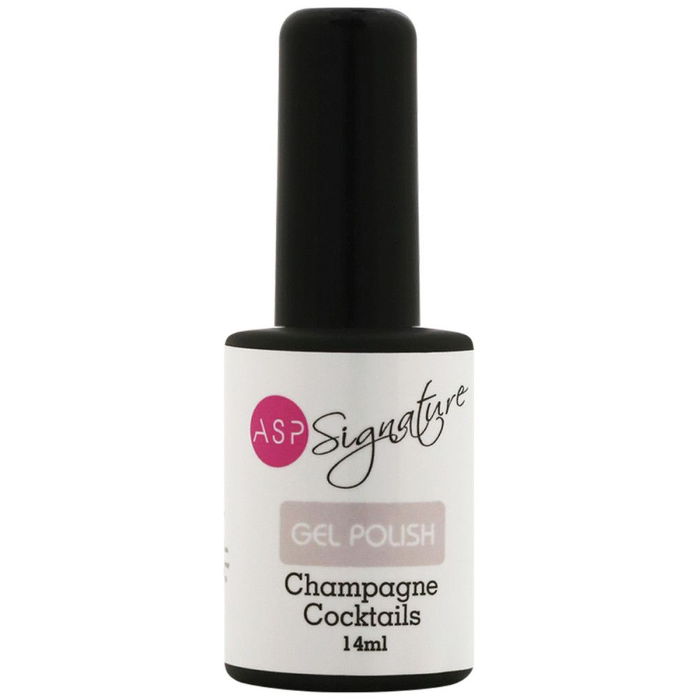 Nagellackflasche mit schwarzem Deckel. Etikett mit ASP Signature, Gel Polish, Champagne Cocktails, 14ml.
