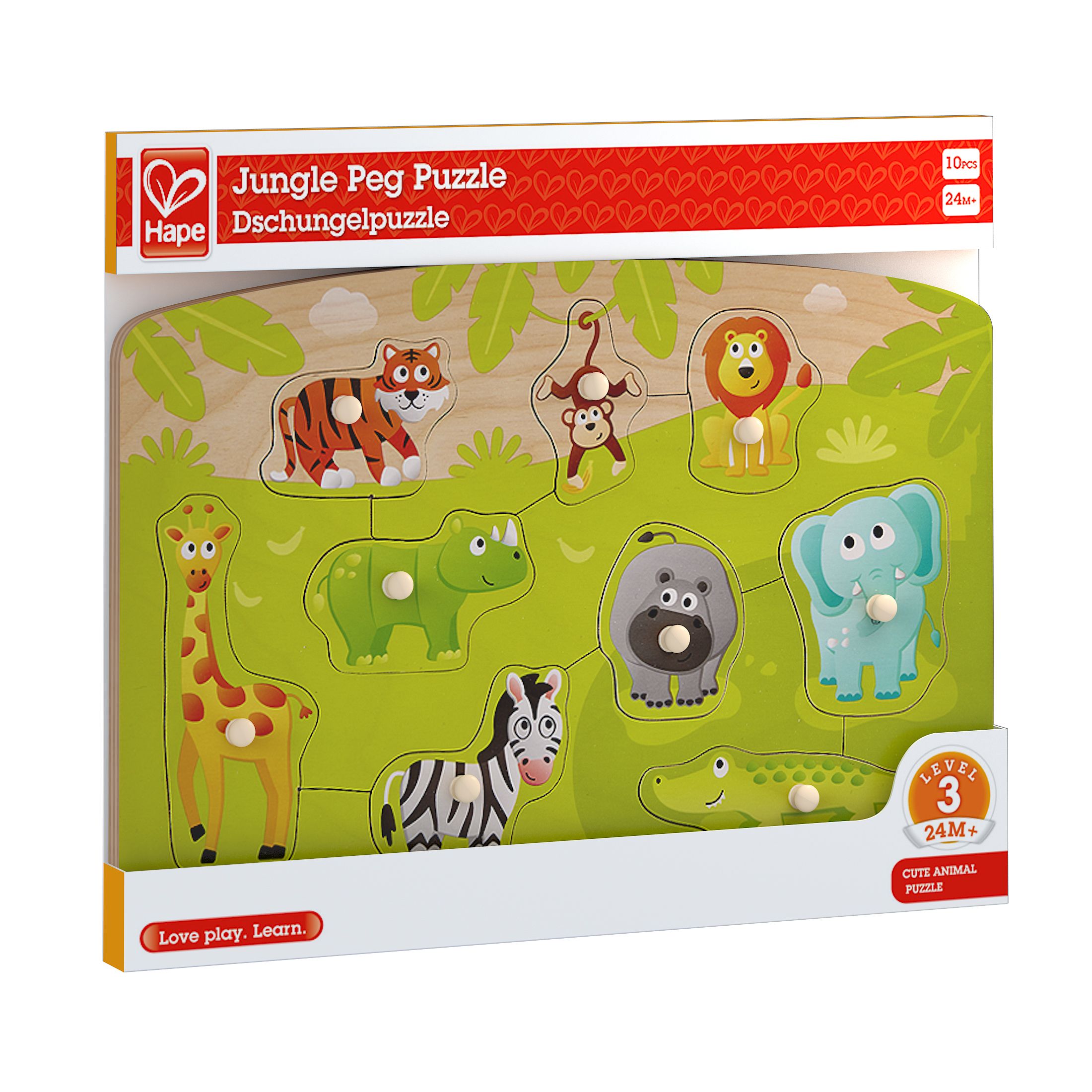 Holzpuzzle mit Tierfiguren. Das Puzzle zeigt einen Tiger, Affen, Löwen, Giraffe, Nashorn, Zebra, Nilpferd, Elefanten und Krokodil. Verpackung mit Produktnamen.