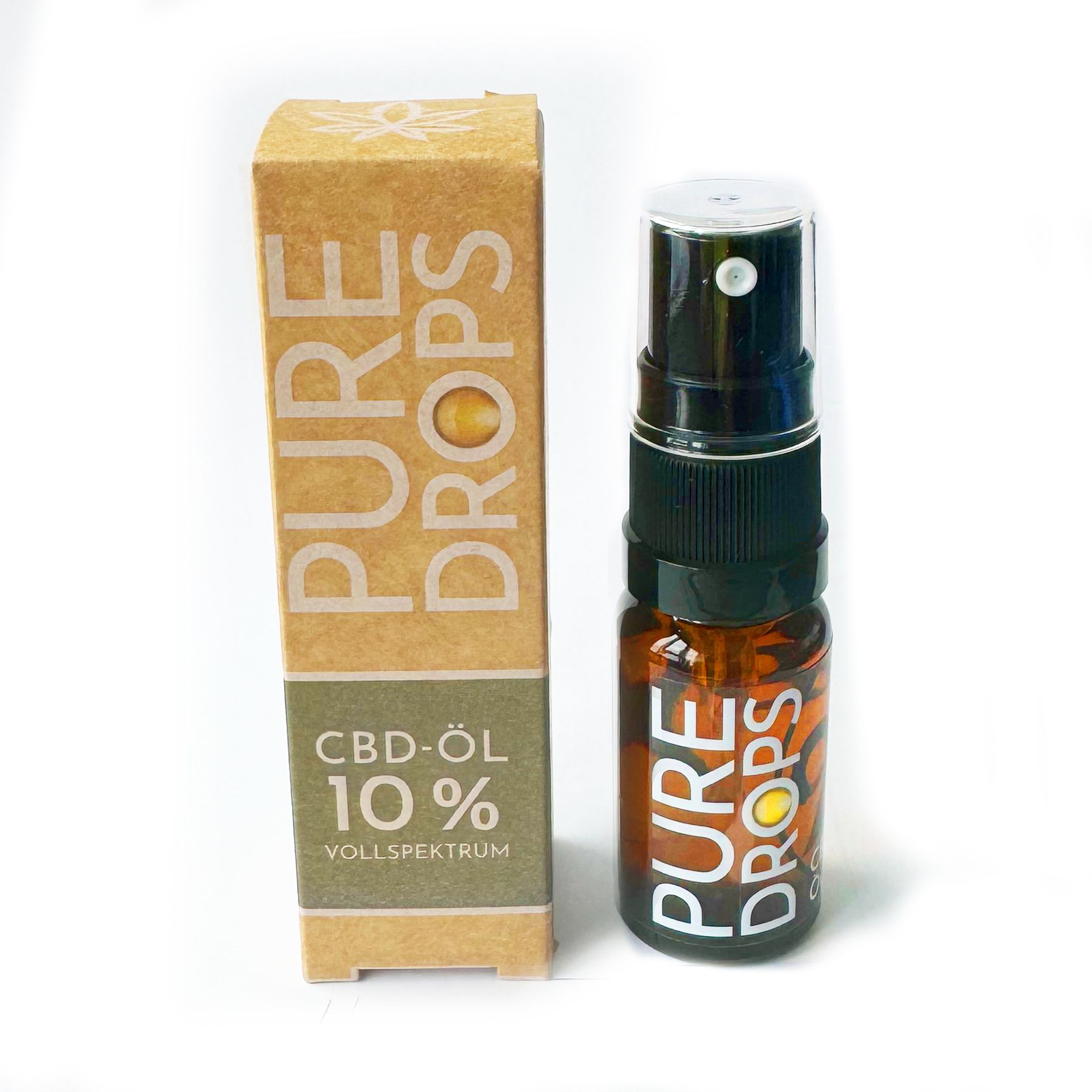 Flacone con spruzzatore e scatola. Scritta: "CBD-ÖL 10% Vollspektrum". Logo: "PURE DROPS".