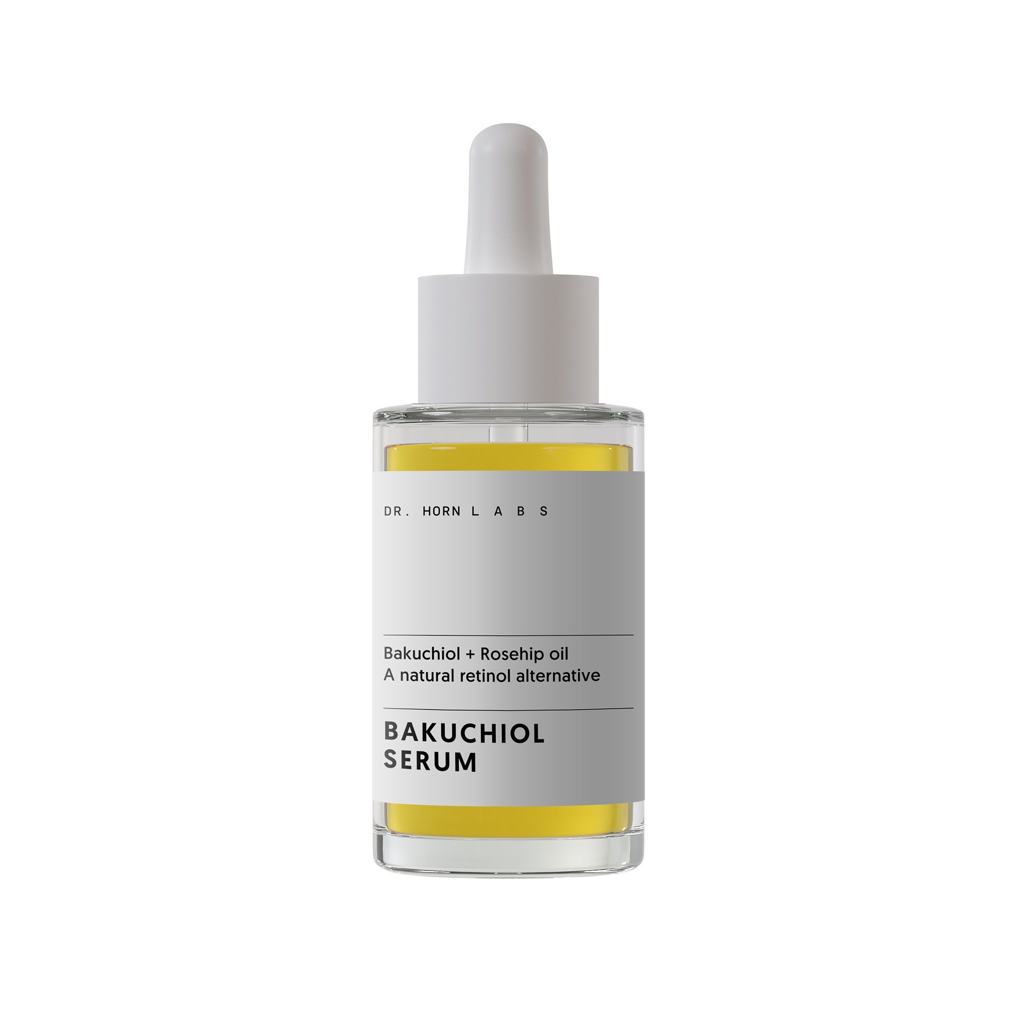 Serumflasche mit Pipette. Etikett mit Produktnamen und Inhaltsstoffen. Klarer Glasbehälter mit gelber Flüssigkeit.
