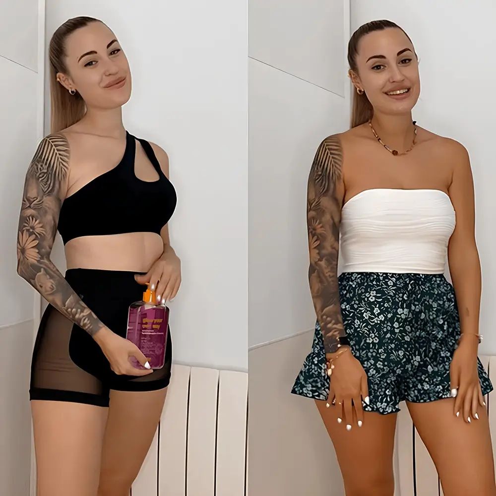 Zwei Frauen, eine mit dunkler Kleidung und Produkt, die andere mit heller Kleidung und gebräunter Haut. Produkt in der Hand.