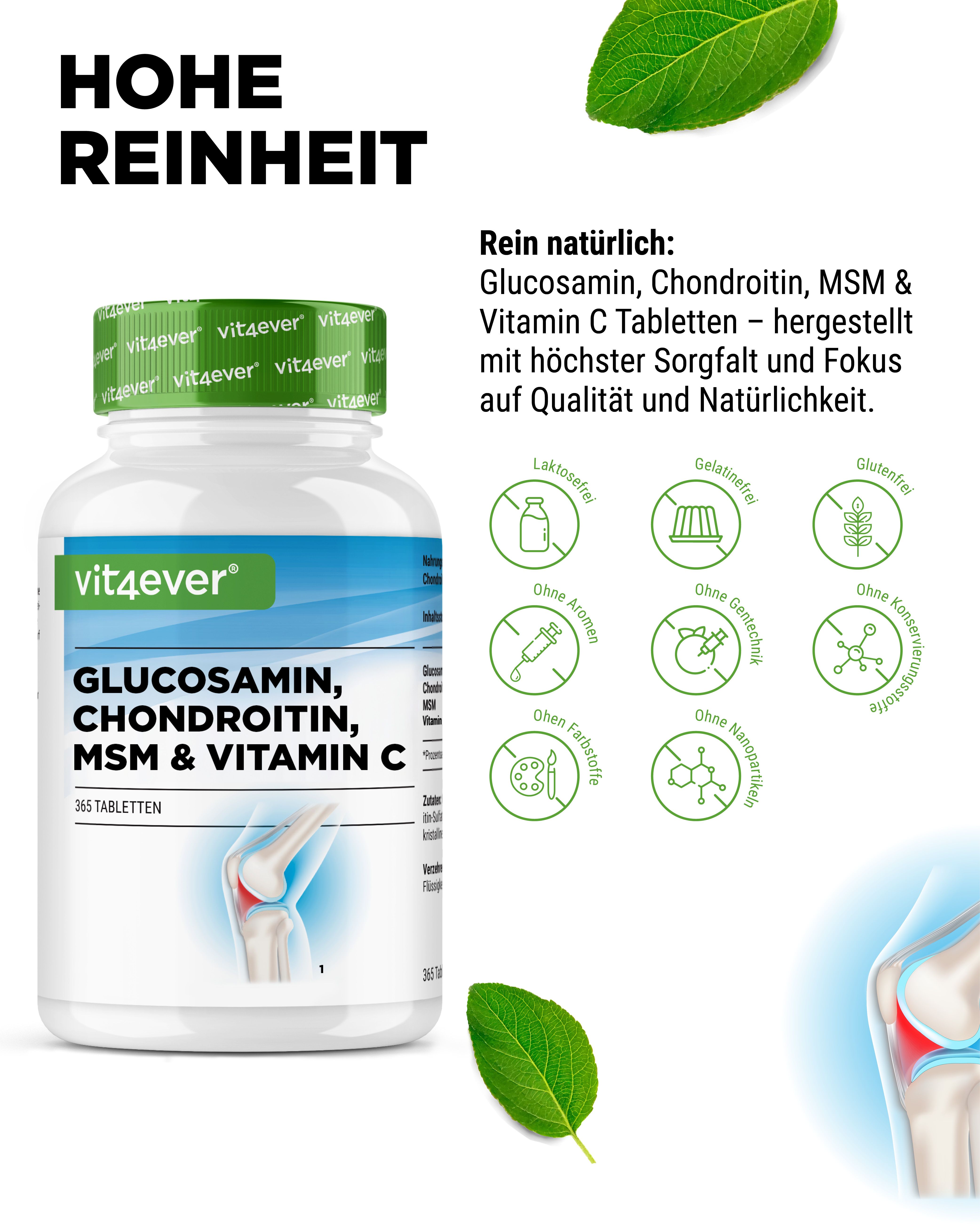 Vit4ever Glucosamin, Chondroitin, MSM & Vitamin C Dose mit 365 Tabletten. Icons für Laktosefrei, Gelatinefrei, Glutenfrei, ohne Aromen, ohne Farbstoffe, ohne Konservierungsstoffe.
