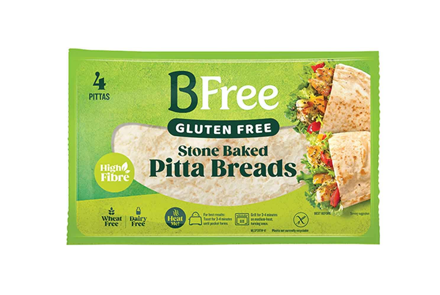 Verpackung mit 4 glutenfreien Stone Baked Pitta Breads. Marke BFree. Hoher Ballaststoffgehalt. Weizen- und Milchfrei.