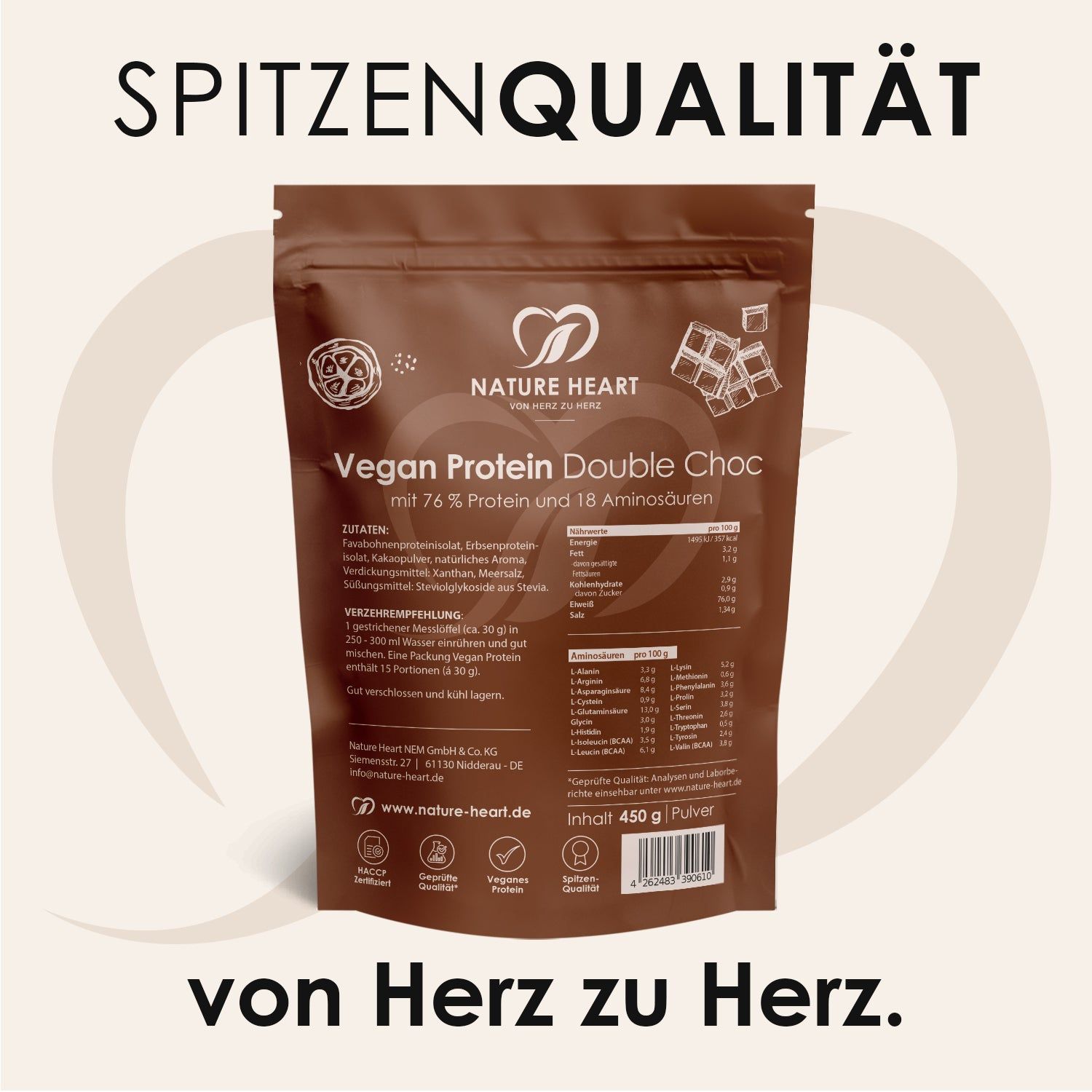 Rückseite des Nature Heart Creamy Protein Double Choc Beutels mit Nährwertangaben und Zertifizierungen.