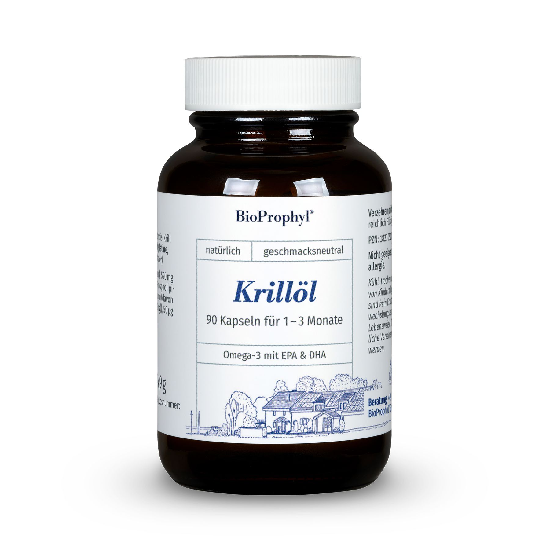 Braune Flasche mit weißem Deckel. Etikett mit "BioProphyl Krillöl", 90 Kapseln. Enthält Omega-3 mit EPA & DHA.