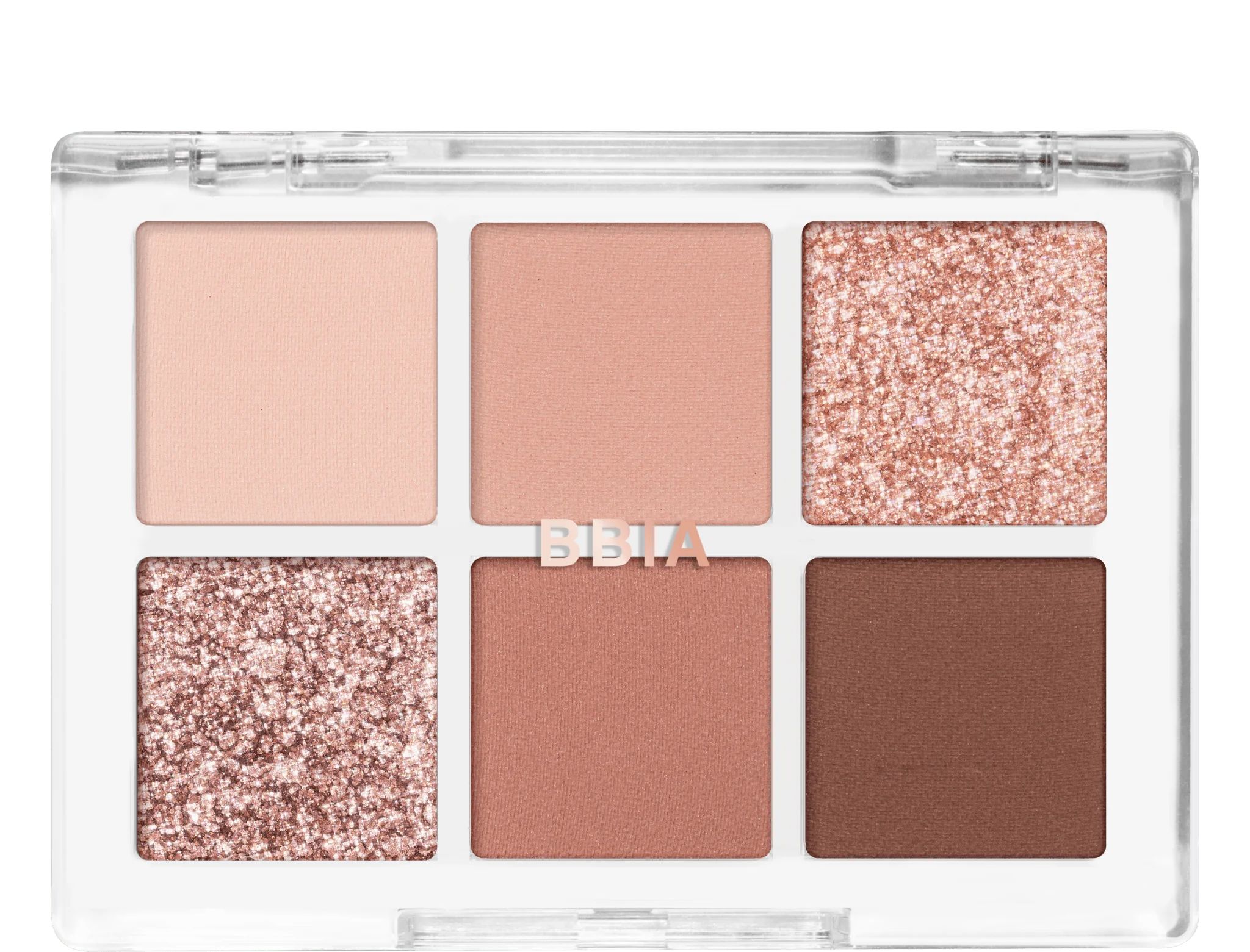 Lidschatten-Palette mit sechs Farbtönen in quadratischen Pfannen. Klare Hülle mit BBIA-Logo.