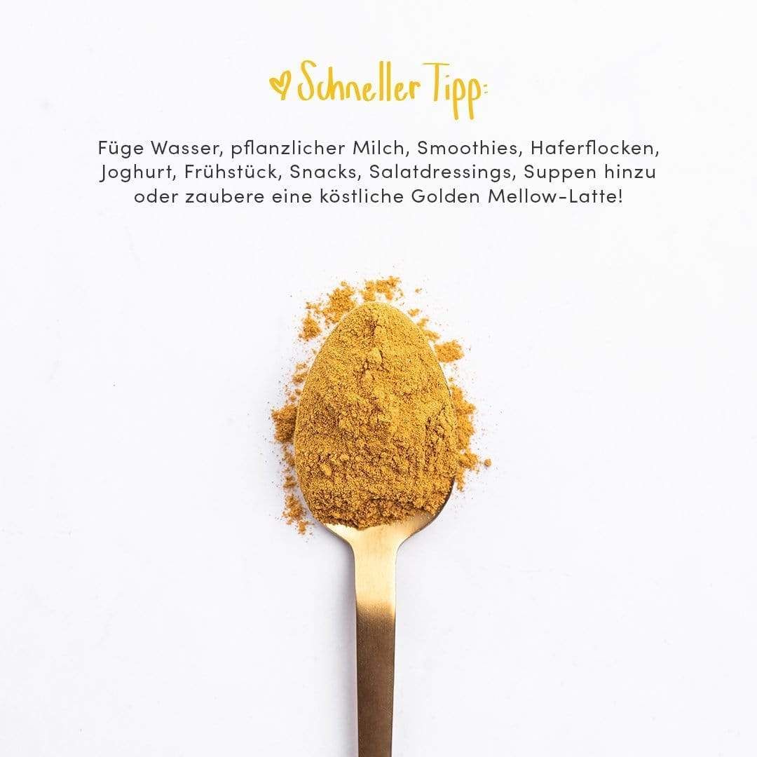 Goldener Löffel mit gelbem Pulver. Aufschrift: 'Schneller Tipp'.