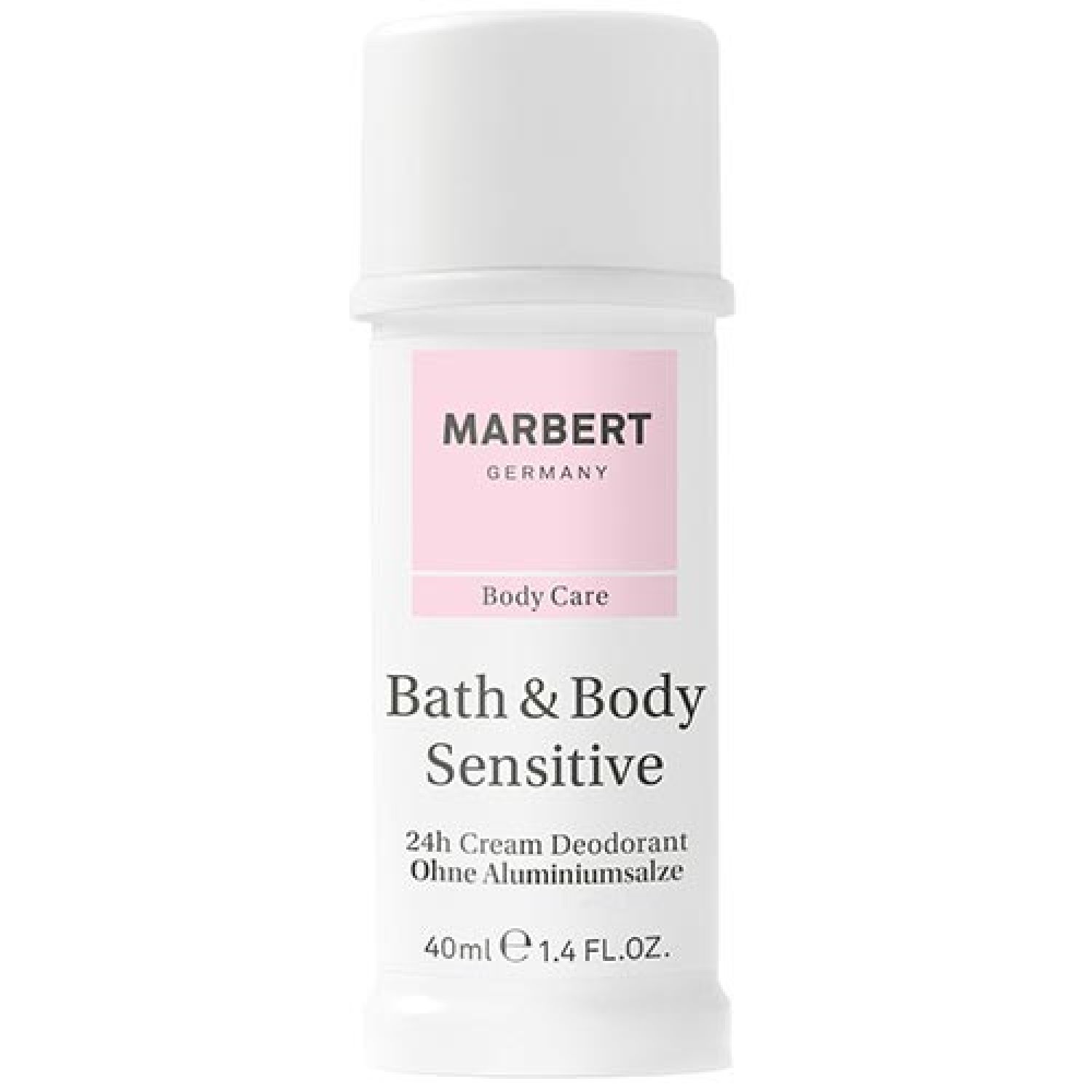 Weißer Deodorant-Roller mit rosa Etikett. Schriftzug: Marbert, Bath & Body Sensitive, 24h Cream Deodorant ohne Aluminiumsalze.