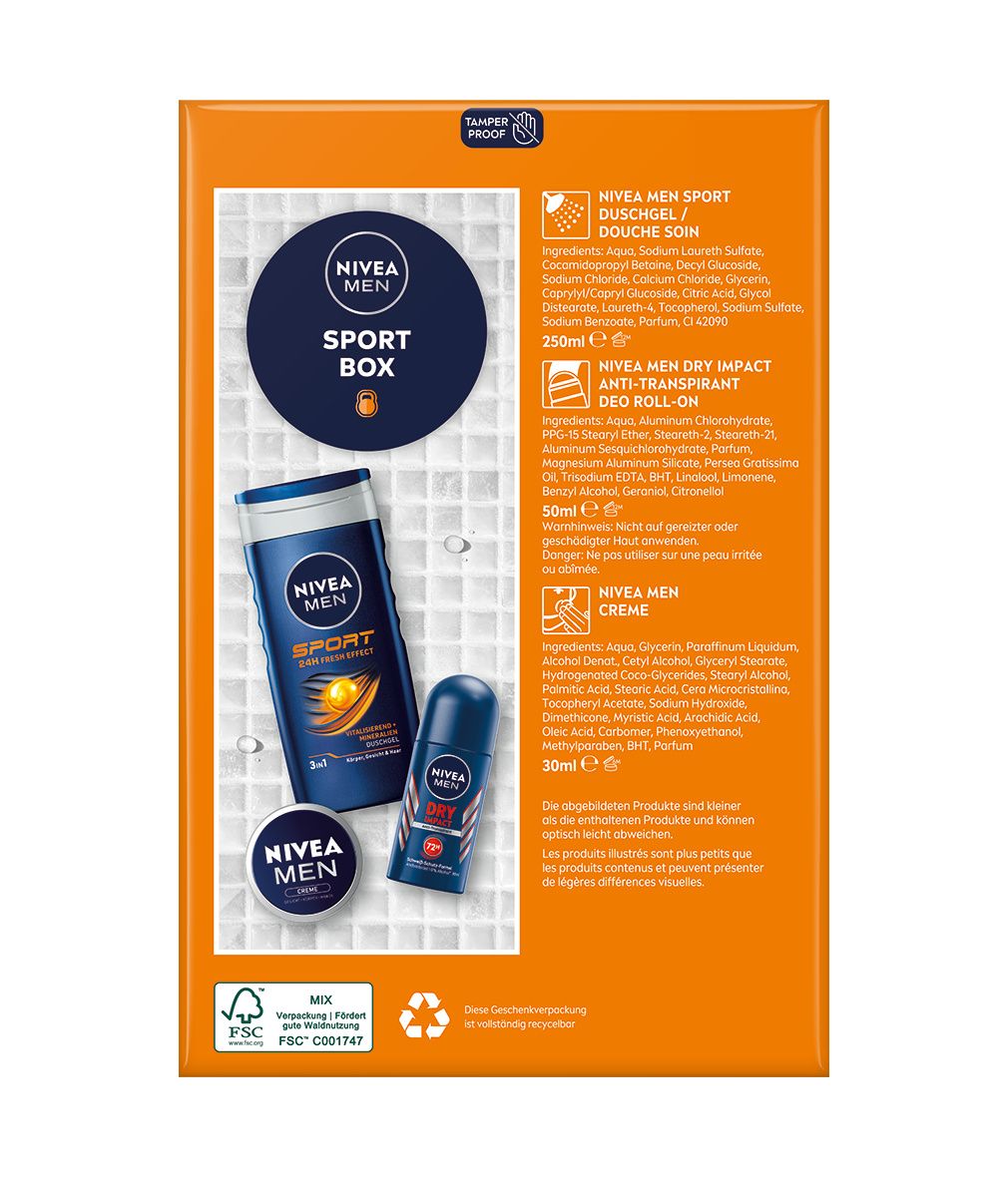NIVEA MEN Sport Box Geschenkset, Creme Sport Pflegedusche Impact Deo Roll-on