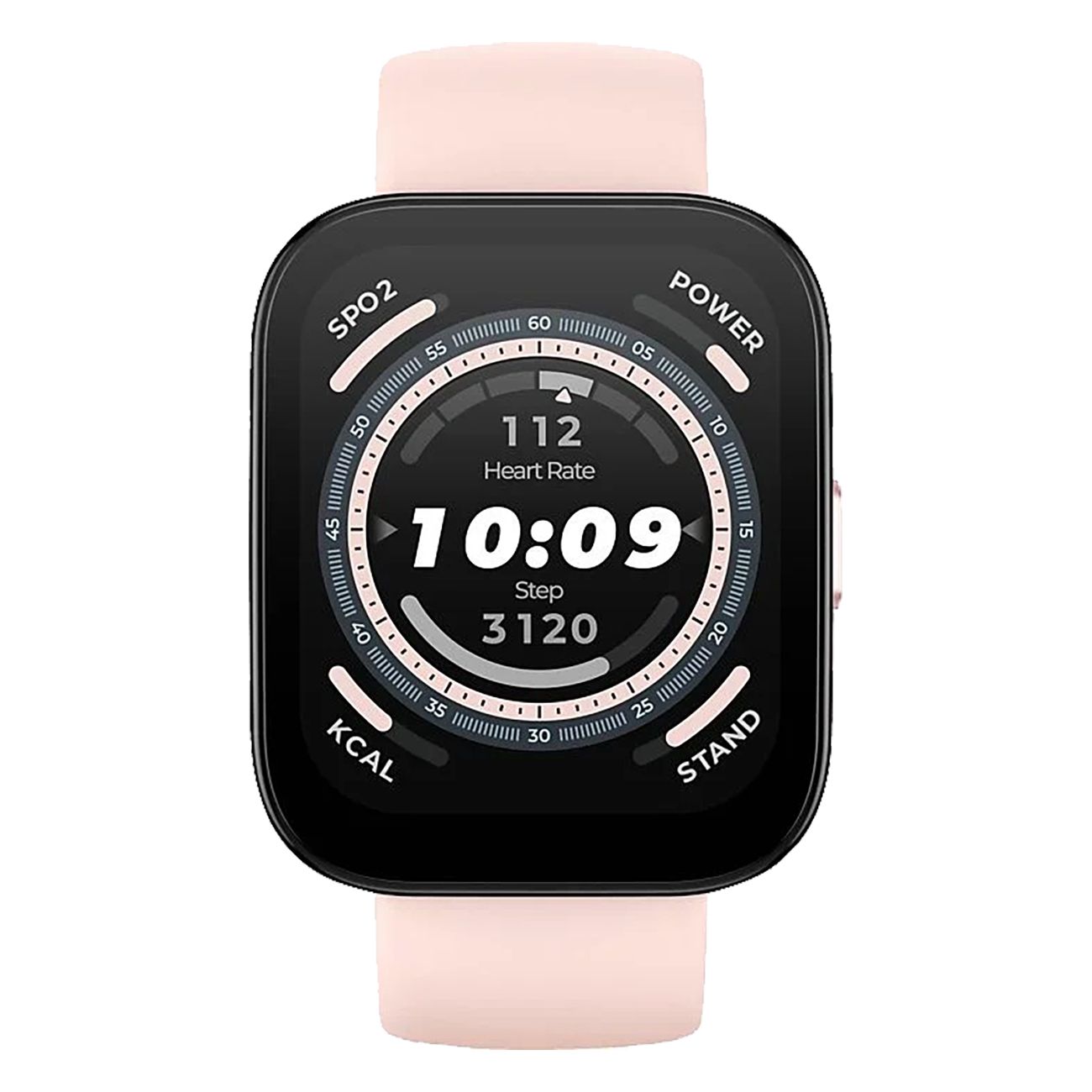 Amazfit Bip 5-rosa Smartwatch. Schwarzes quadratisches Display. Zeigt Herzfrequenz, Schritte, Uhrzeit und Kalorien.