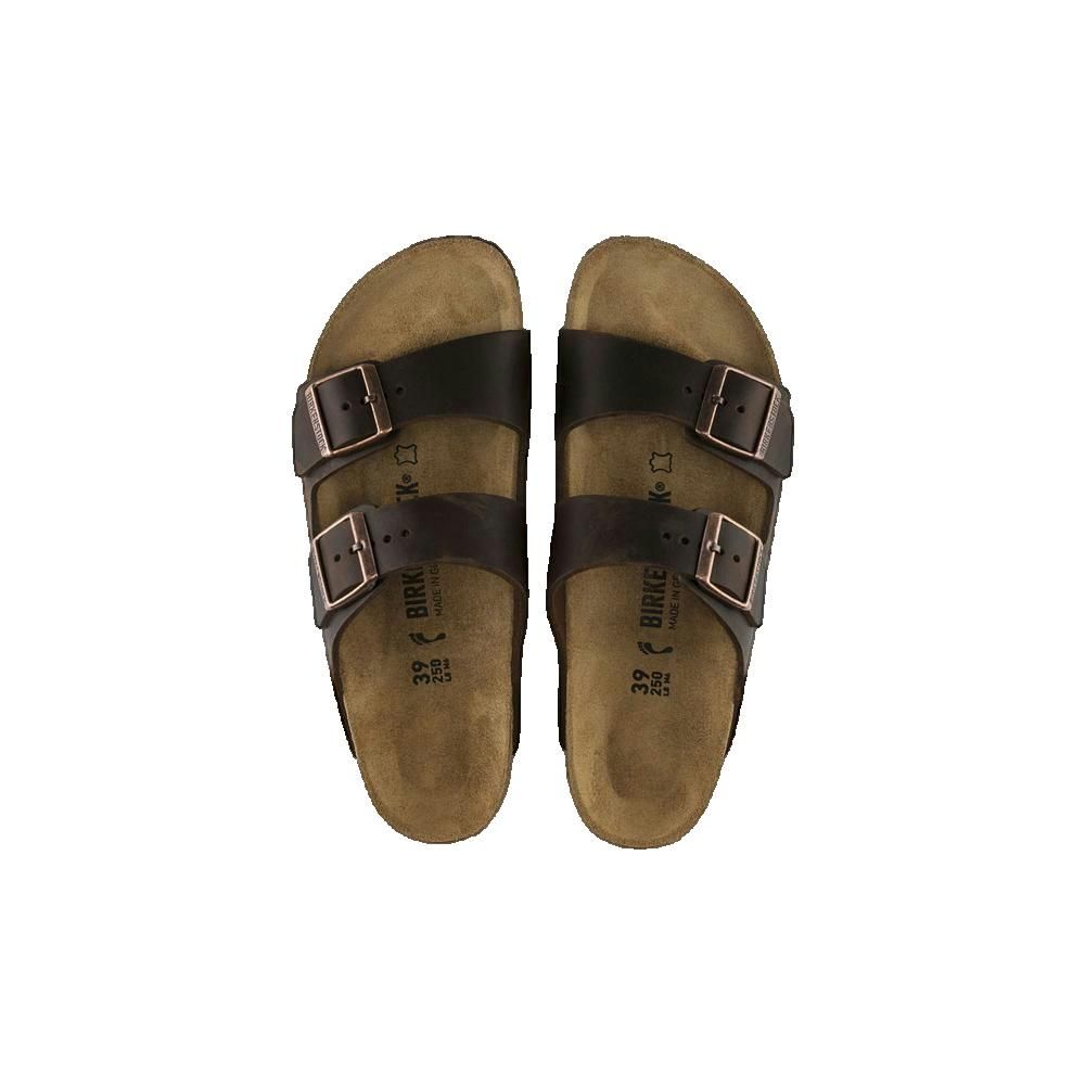 Sandali Birkenstock Arizona. Vista dall'alto. Pelle marrone scuro, due fibbie, plantare in sughero.