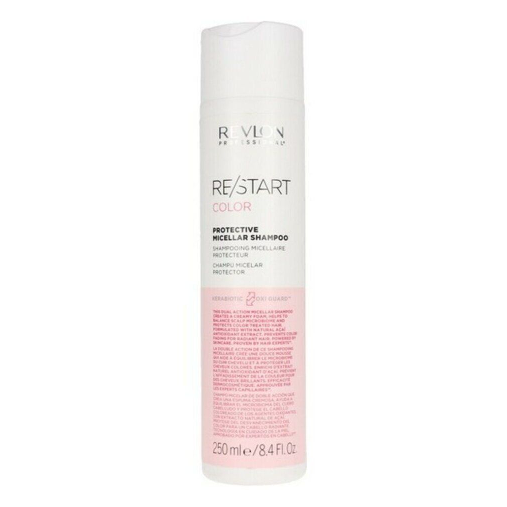 Weiß-rosa Flasche. Text: RE/START COLOR, PROTECTIVE MICELLAR SHAMPOO. Marke Revlon. 250 ml/8.4 FL.OZ.