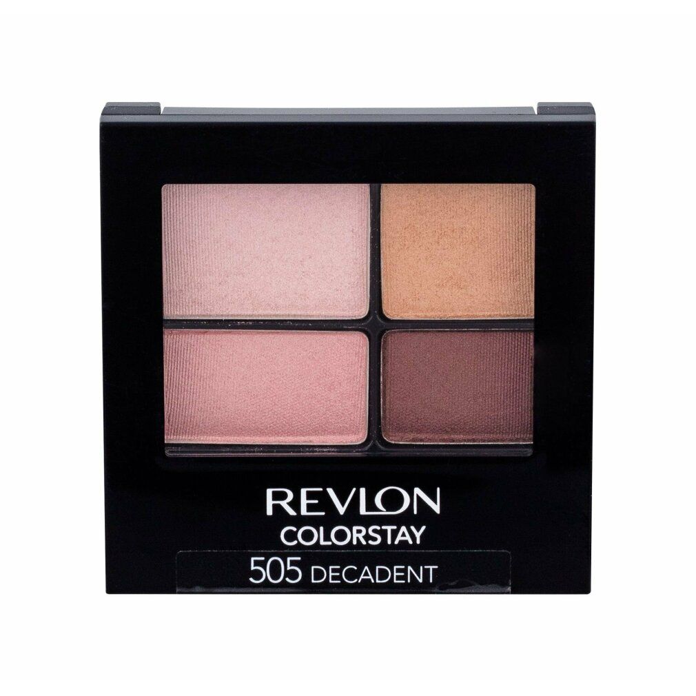 Revlon ColorStay Lidschatten Palette. Vier Farbtöne in einer schwarzen quadratischen Verpackung. Aufschrift: 505 Decadent.