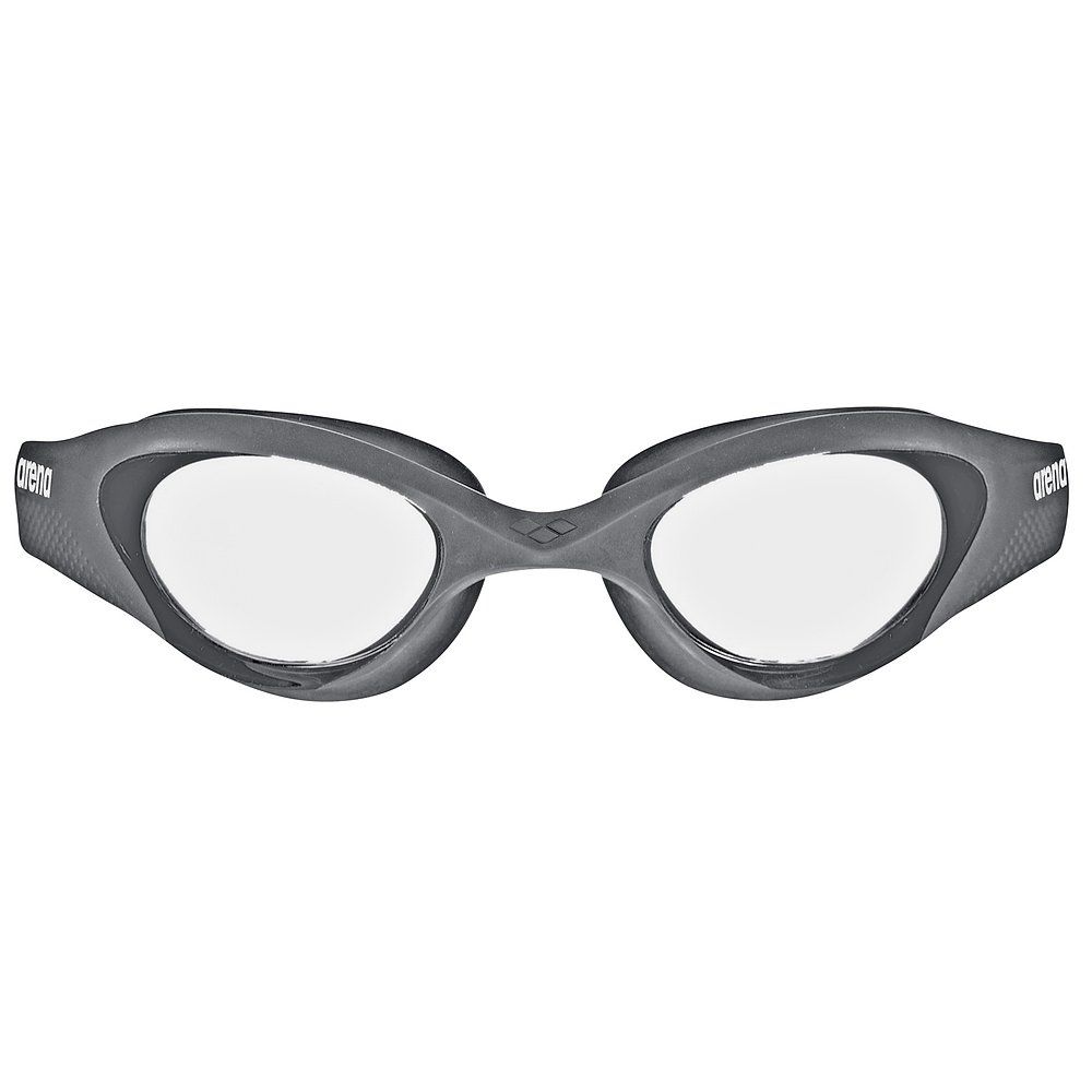 Graue Arena Schwimmbrille mit klaren Gläsern und einem breiten Nasensteg.