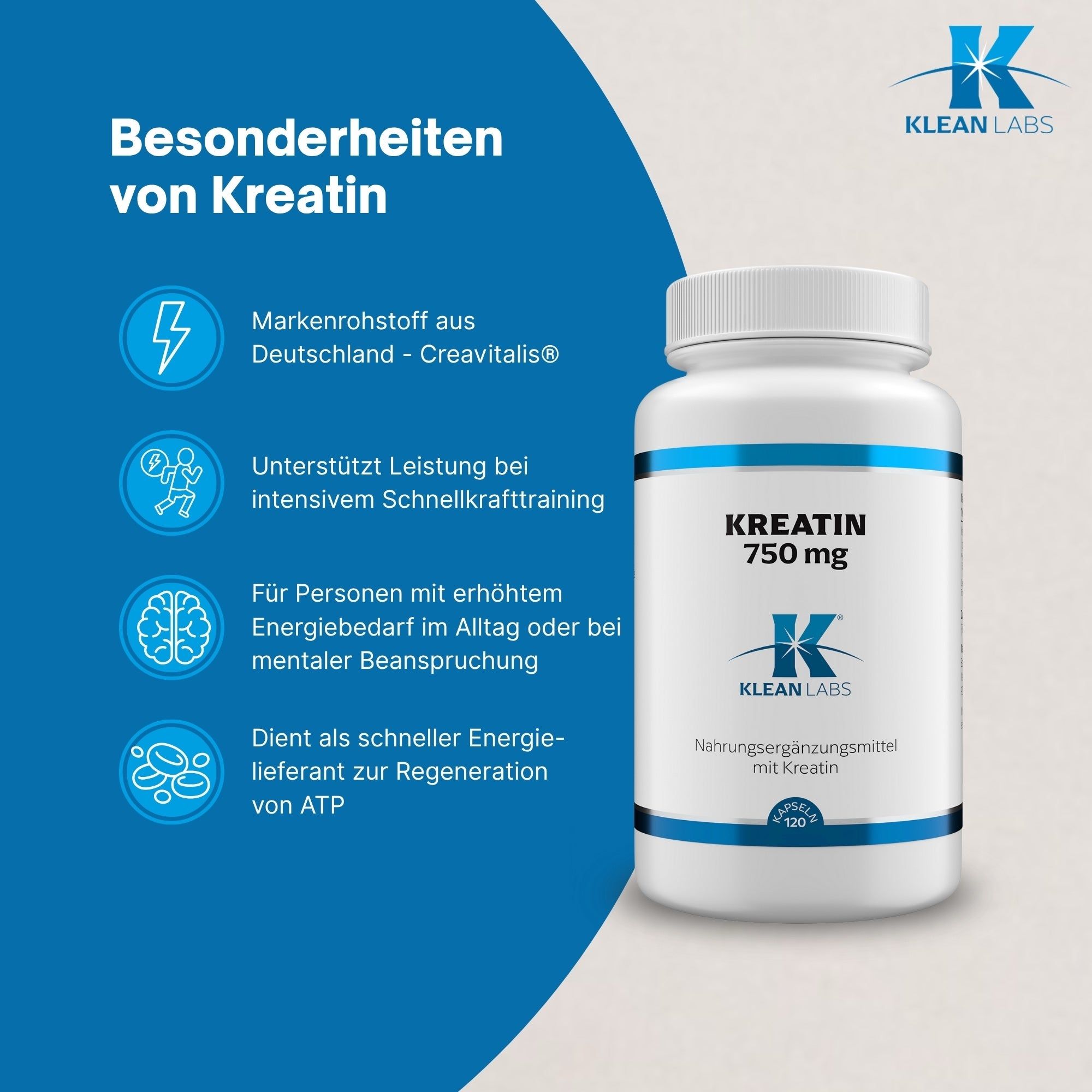 Nahaufnahme von Klean Labs Kreatin Kapseln, hochdosiert, vegan, mikronisiert.