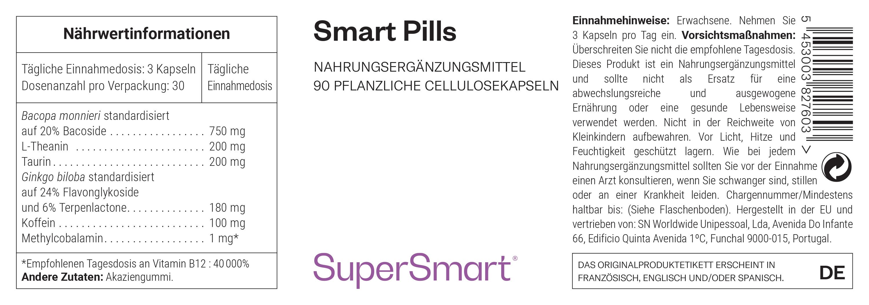 Nahrungsergänzungsmittel Smart Pills, 90 pflanzliche Zellulosekapseln. Nährwertinformationen und Hinweise auf weißem Hintergrund.