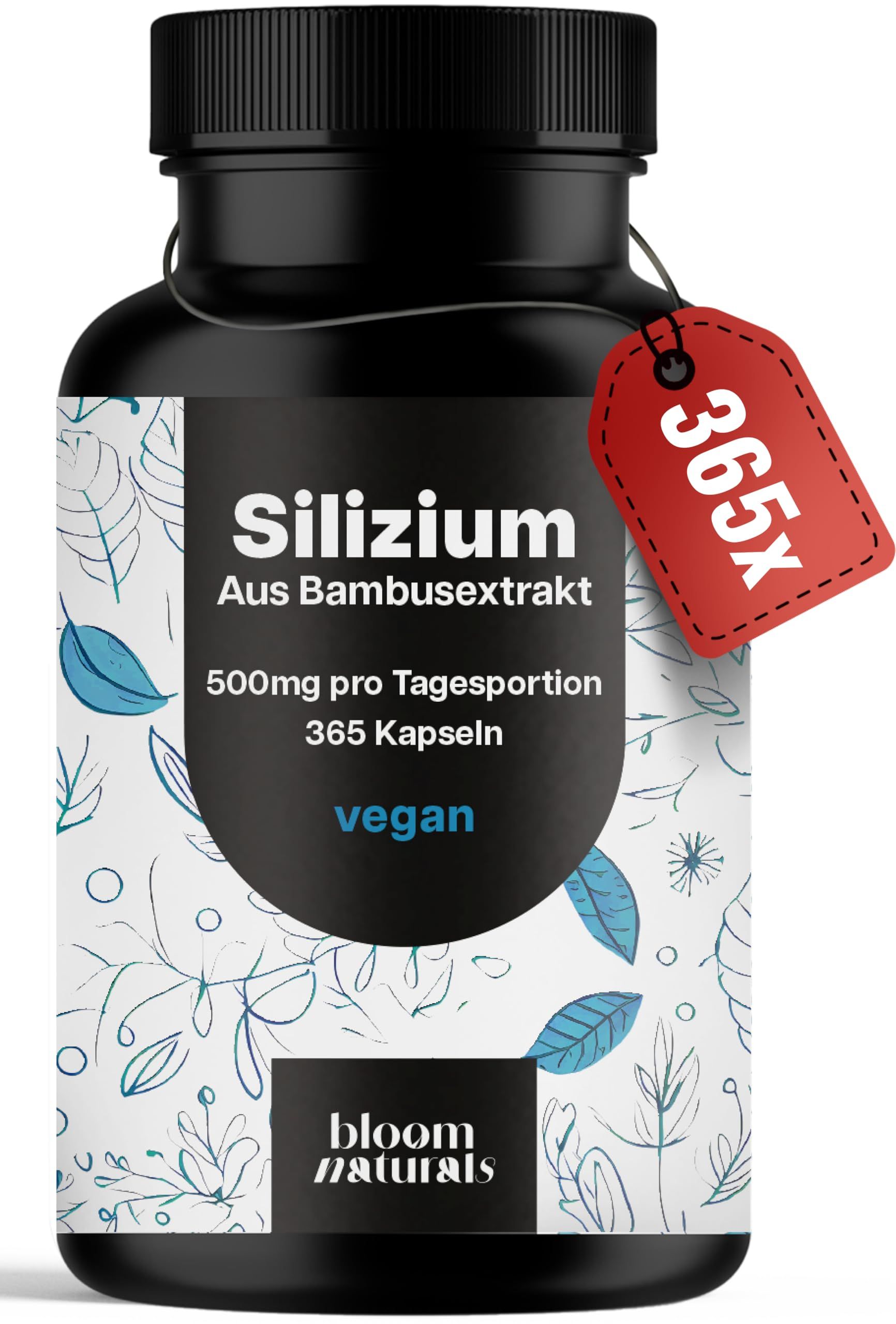Schwarze Dose Silizium Kapseln von Bloom Naturals mit rotem Anhänger "365x".