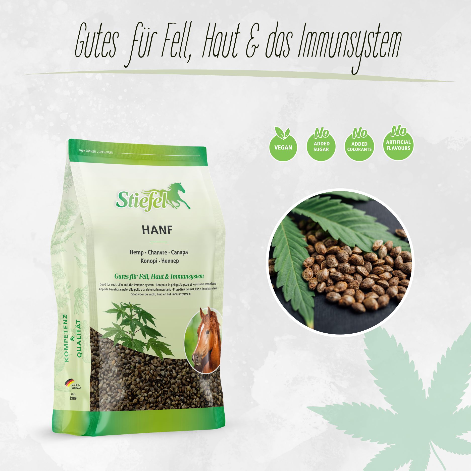 Beutel mit Stiefel Hanfsamen. Text: Gutes für Fell, Haut & das Immunsystem. Vegan, ohne Zucker, Farbstoffe und Aromen. Abbildung von Hanfsamen und -blatt.