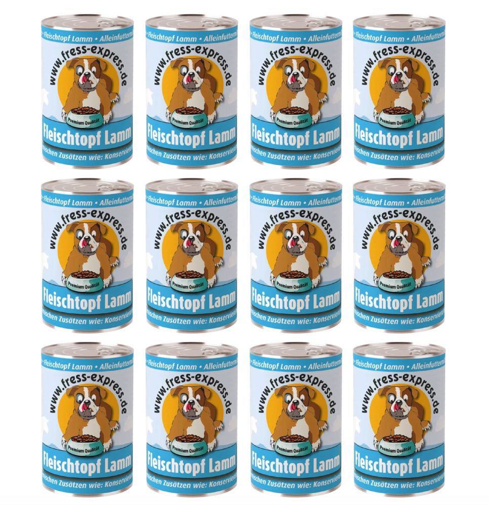 Zwölf Dosen Hundefutter. Etikett: Fleischtopf Lamm, Abbildung eines Hundes, Text: www.fress-express.de, ohne Zusätzen wie: Konservierungsmittel.