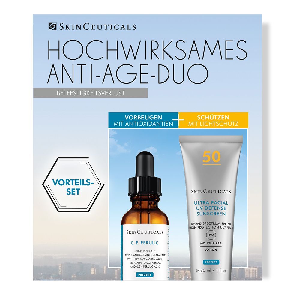 Skinceuticals Anti-Age Duo. Set mit Serum und Sonnencreme. Verpackung mit Produktnamen und Logo.