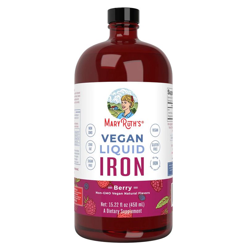 Braune Flasche mit schwarzem Deckel. Aufschrift: Mary Ruth's Vegan Liquid Iron, Berry. Vegan, glutenfrei, zuckerfrei.