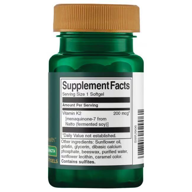 Rückseite einer grünen Flasche mit Swanson Real Food K2, Supplement Facts, 200 mcg pro Softgel.