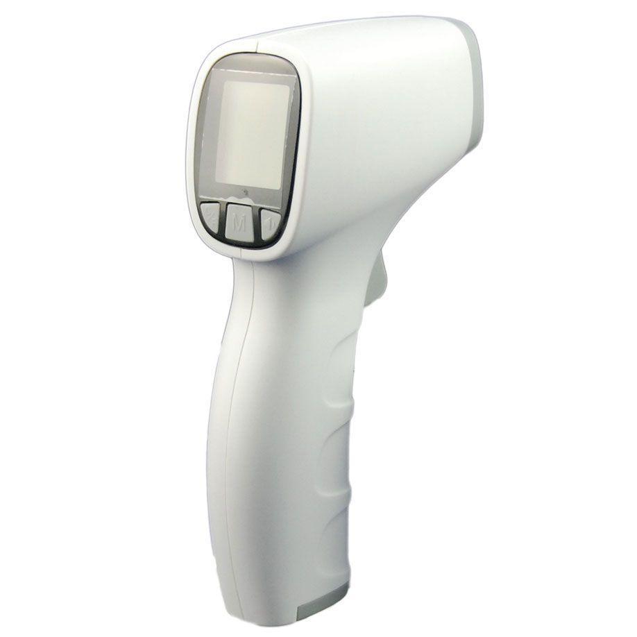 Weißes Infrarot-Fieberthermometer mit Display und Knöpfen. Pistolenförmig mit grauem Akzent.