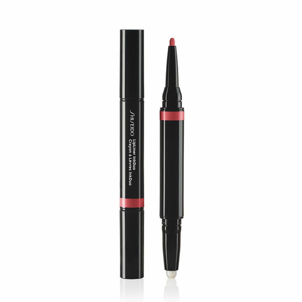Doppel-Lippenkonturenstift. Schwarz, mit rosafarbenem Akzent. Ein Stift geöffnet, Spitze und Primer sichtbar. Shiseido-Logo.