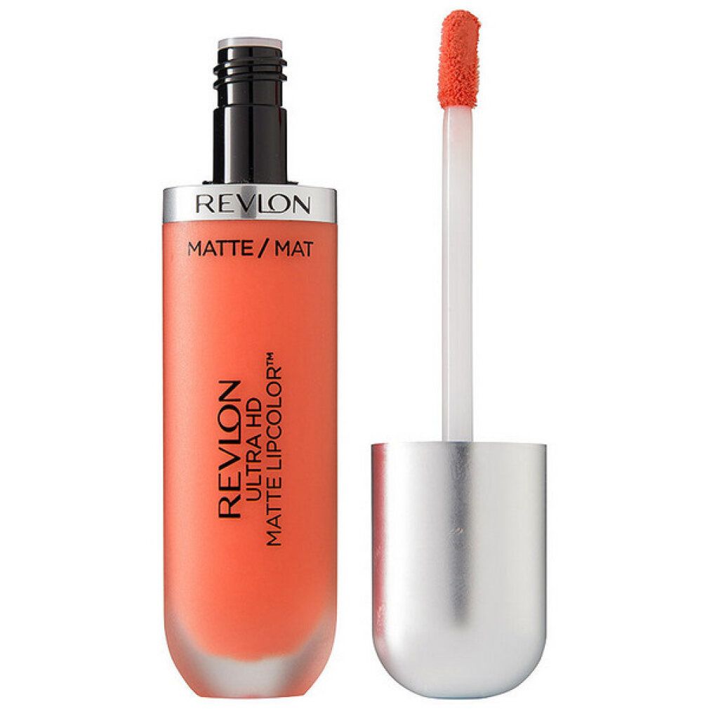 Revlon Ultra HD Matte Lipcolor. Oranger Behälter mit silbernem Deckel. Applikator sichtbar. Text: Matte/Mat.