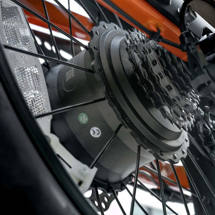 Nahaufnahme des Hinterrads einer E-Bike. Zahnräder, Kette und Motor sind sichtbar. CE-Kennzeichnung.