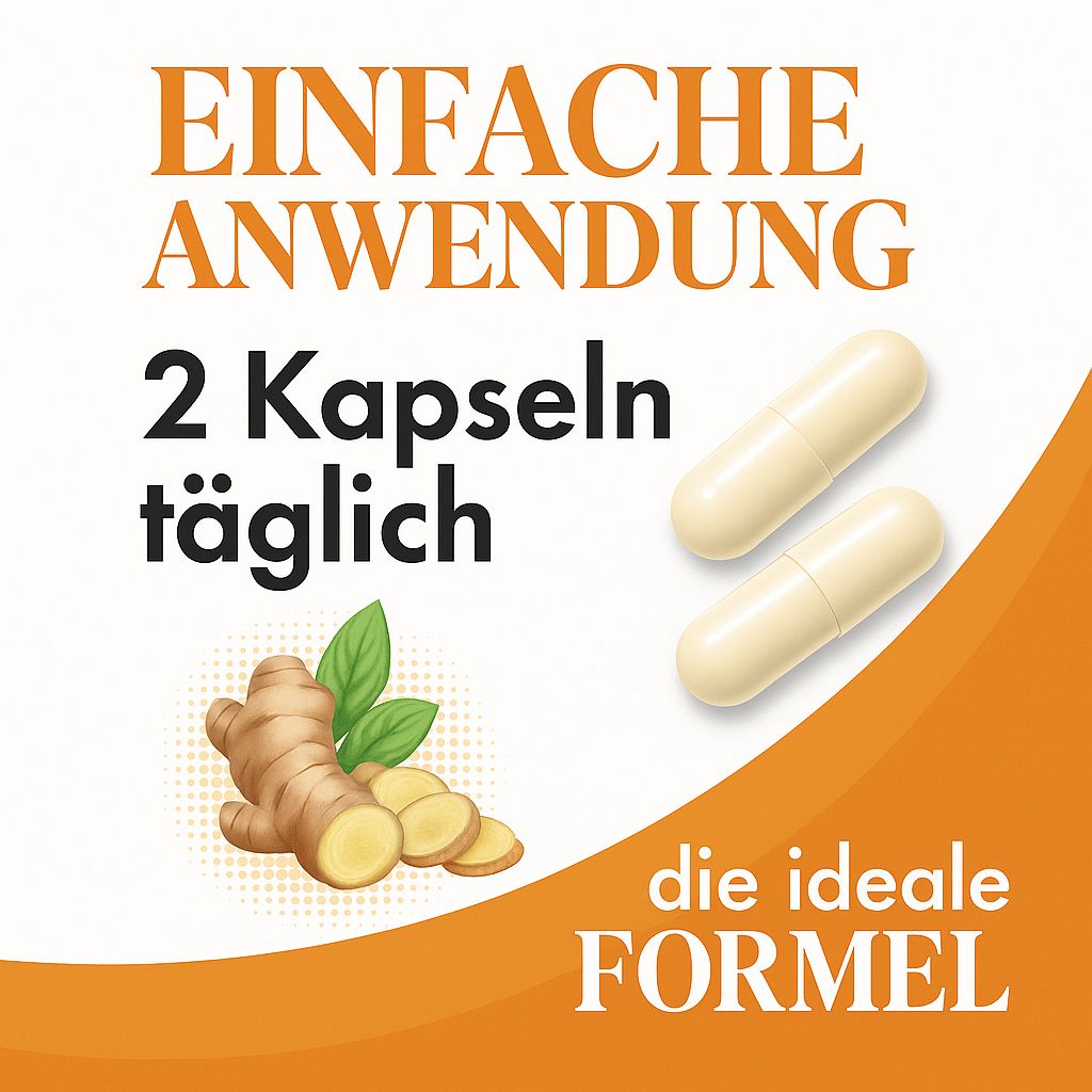Zwei Kapseln neben Ingwer-Illustration. Text: EINFACHE ANWENDUNG, 2 Kapseln täglich, die ideale FORMEL.