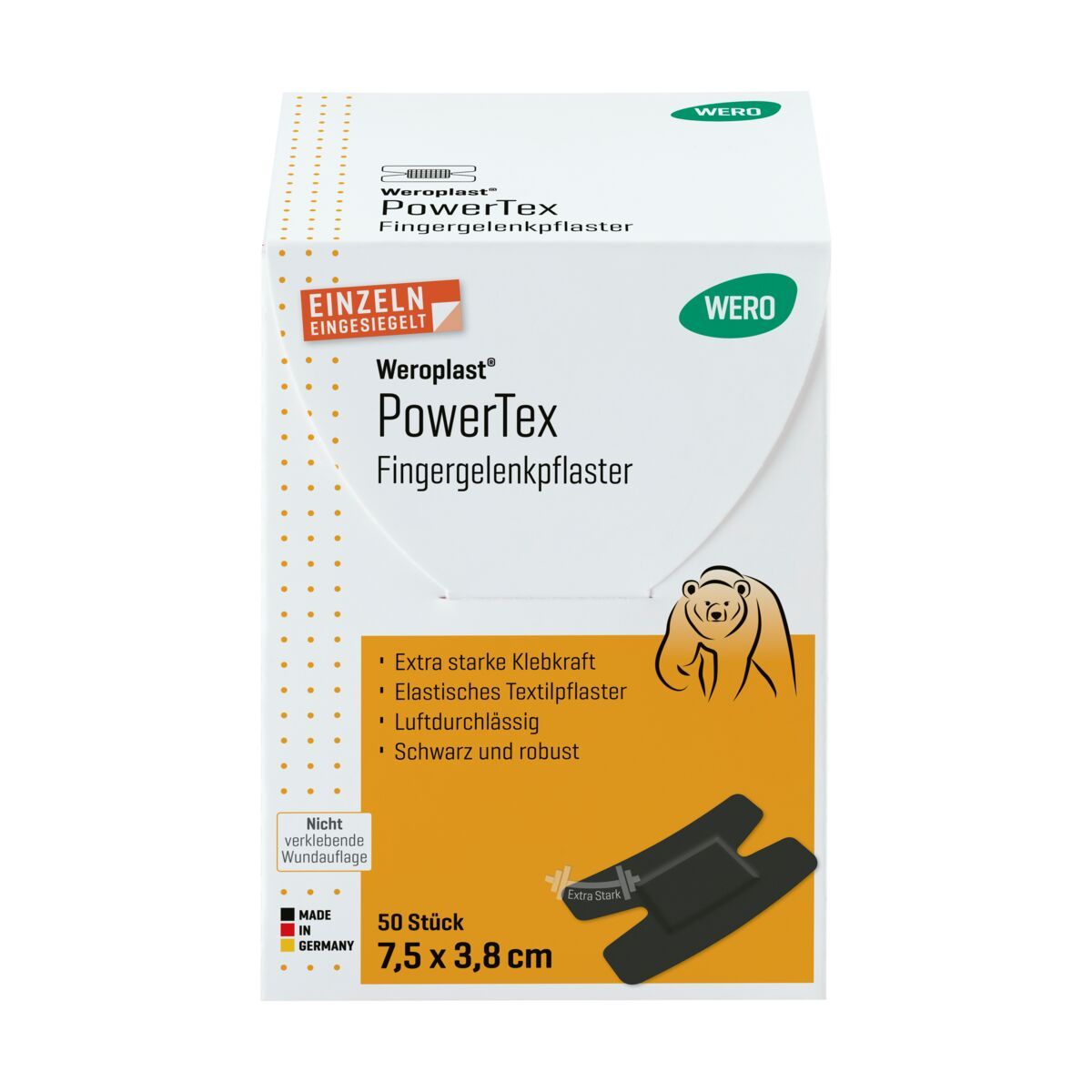 WERO PowerTex Fingergelenkpflaster Packung, 50 Stück, 7,5x3,8 cm, schwarz.