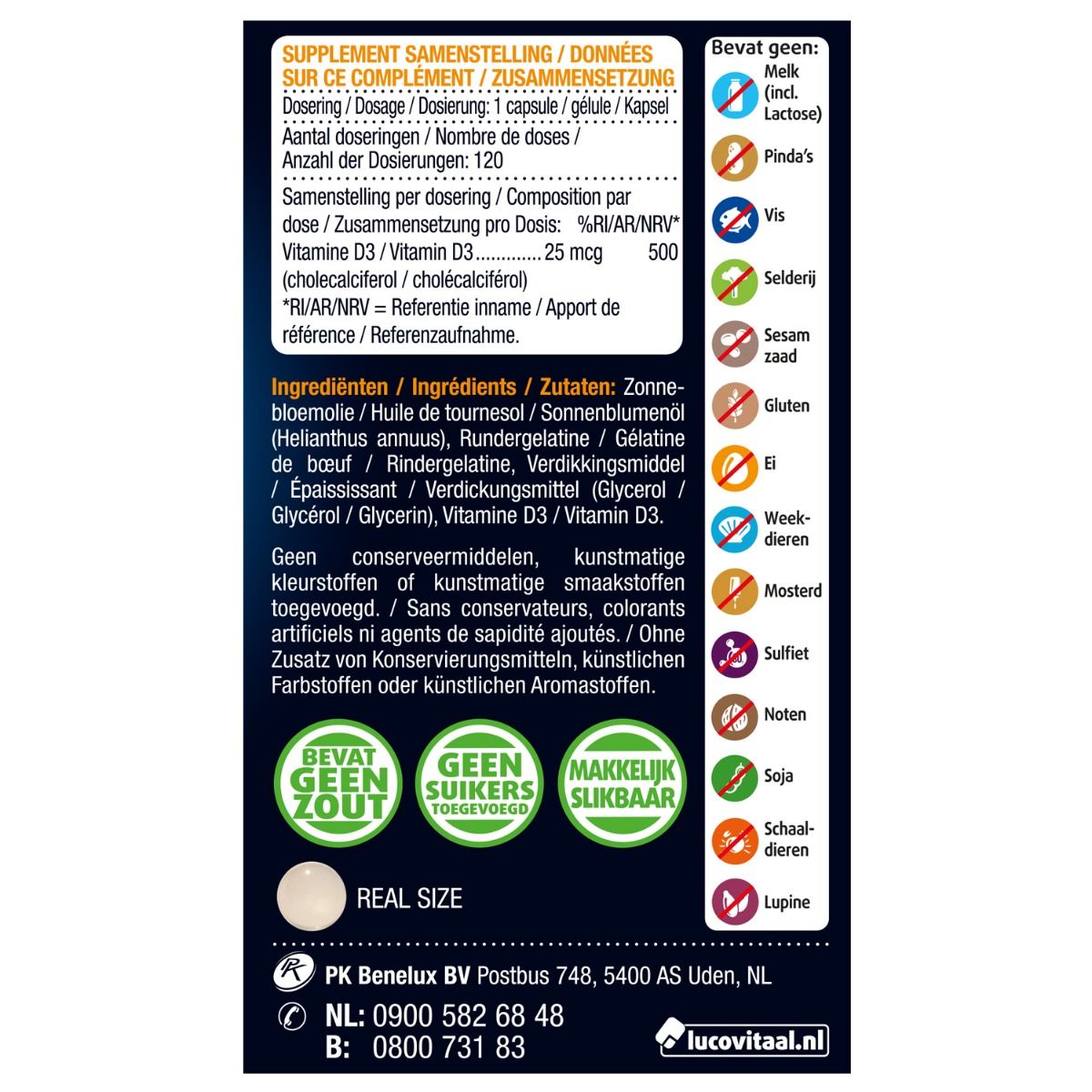 Rückseite der Lucovitaal Vitamin D3 Verpackung. Enthält Informationen zu Inhaltsstoffen, Dosierung und Allergenen. Text in Niederländisch.