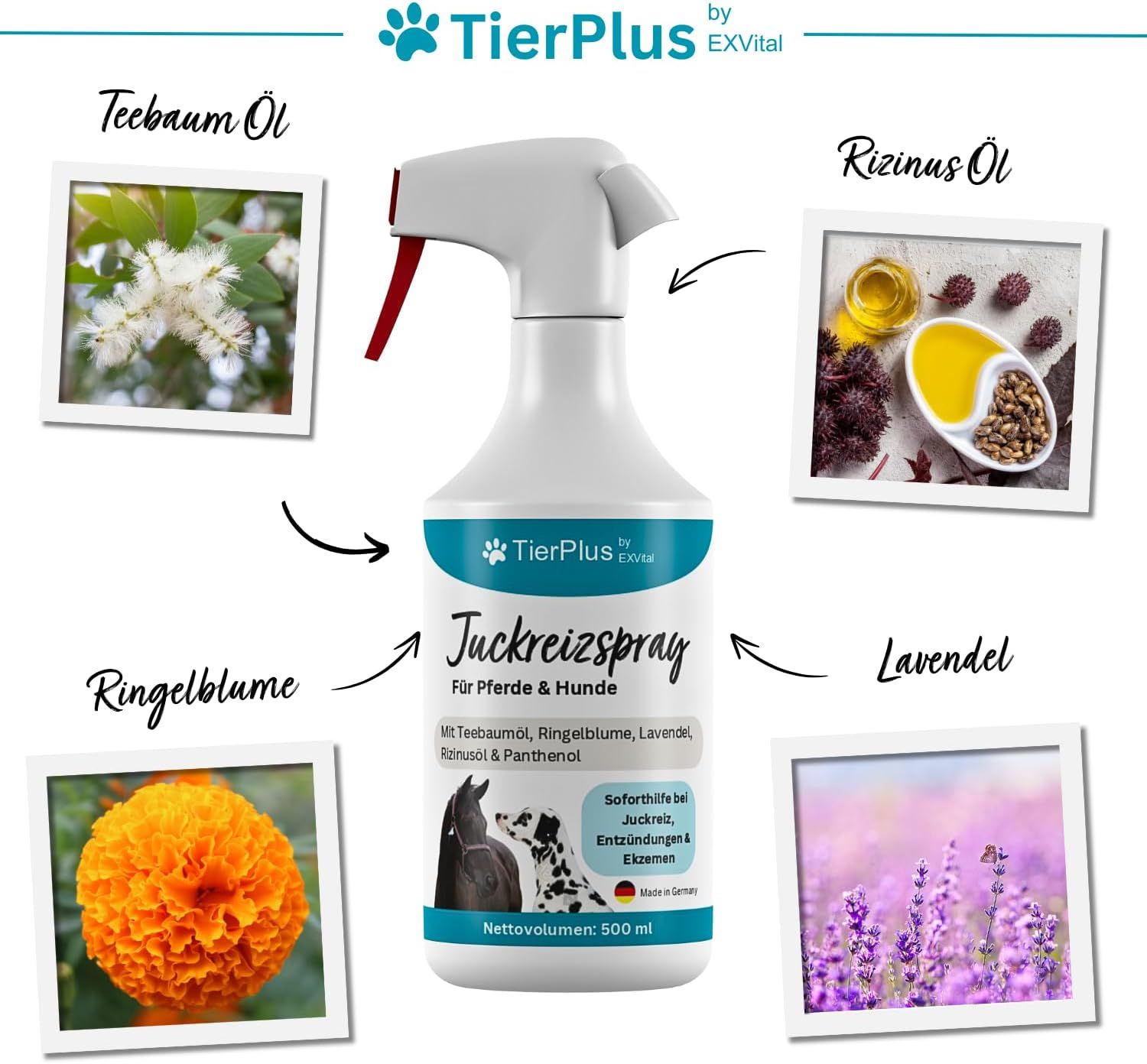 Weißes Sprühflasche mit Produktnamen und Inhaltsstoffen. Grafiken von Pflanzen und Tieren.