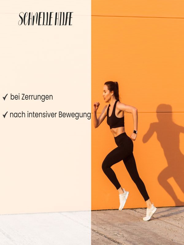 Läuferin in schwarzer Sportkleidung vor orangefarbener Wand. Text: Schnelle Hilfe, bei Zerrungen, nach intensiver Bewegung.