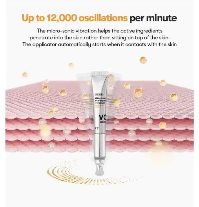 Produkt-Illustration. Tube mit Applikator, Text: Reedle Shot Vita-Light Eye Cream. VT Cosmetics. Hautschichten.